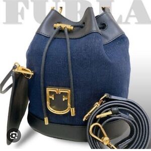 Furla Dark Denim and Black Leather Shoulder Bag